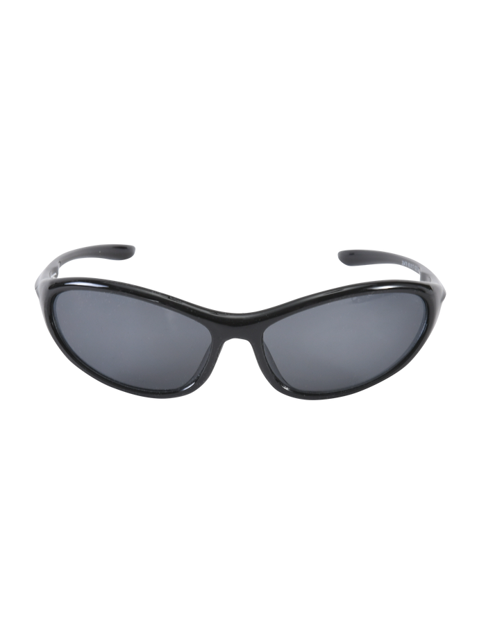 The TIGERMIST RIVAH FASHION GLASSES - BLACK feature sleek black wraparound acrylic frames with reflective black elongated oval lenses, shown front-facing against a plain white background.