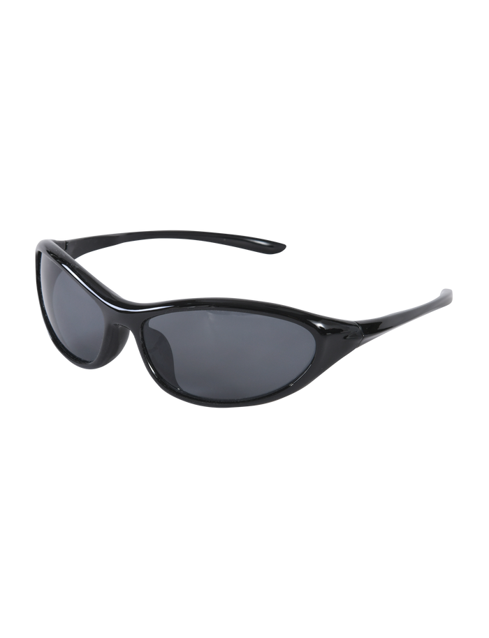TIGERMIST RIVAH FASHION GLASSES - BLACK: Glossy black wraparound sunglasses with reflective dark lenses and slim, slightly curved arms for a secure fit, shown on a plain white background.