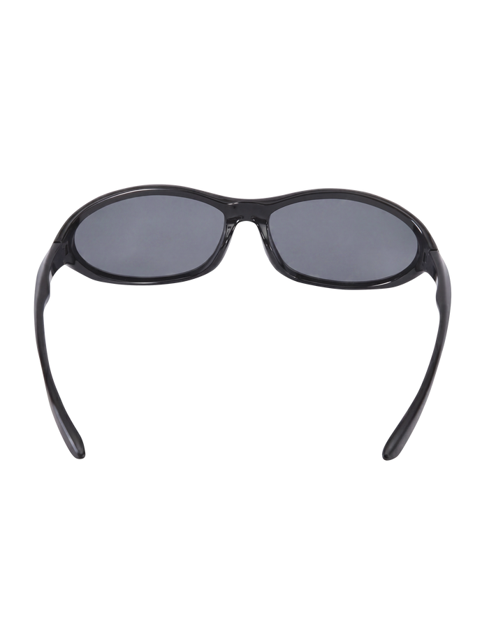 The TIGERMIST RIVAH FASHION GLASSES - BLACK are black acrylic glasses with dark reflective lenses, shown from the back with slightly curved arms on a plain white background.