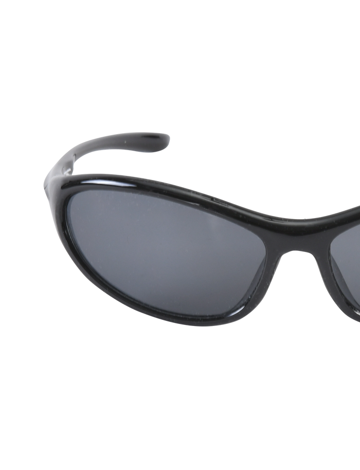 Close-up of the upper left portion of TIGERMIST RIVAH FASHION GLASSES - BLACK, featuring black acrylic frames and dark, reflective oval lenses against a plain white background.
