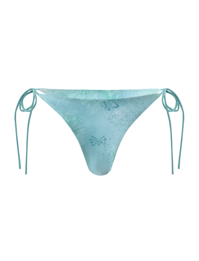 The TIGERMIST ROBYN BIKINI BOTTOM - BLUE BUTTERFLY PAISLEY features a light blue floral and butterfly print with adjustable side ties, shown on a plain white background.