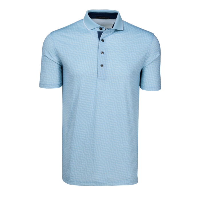 Falcon Rogue River Short Sleeve Polo - Light Blue Geometric Print Golf Polo Front View | Greyson Clothiers
