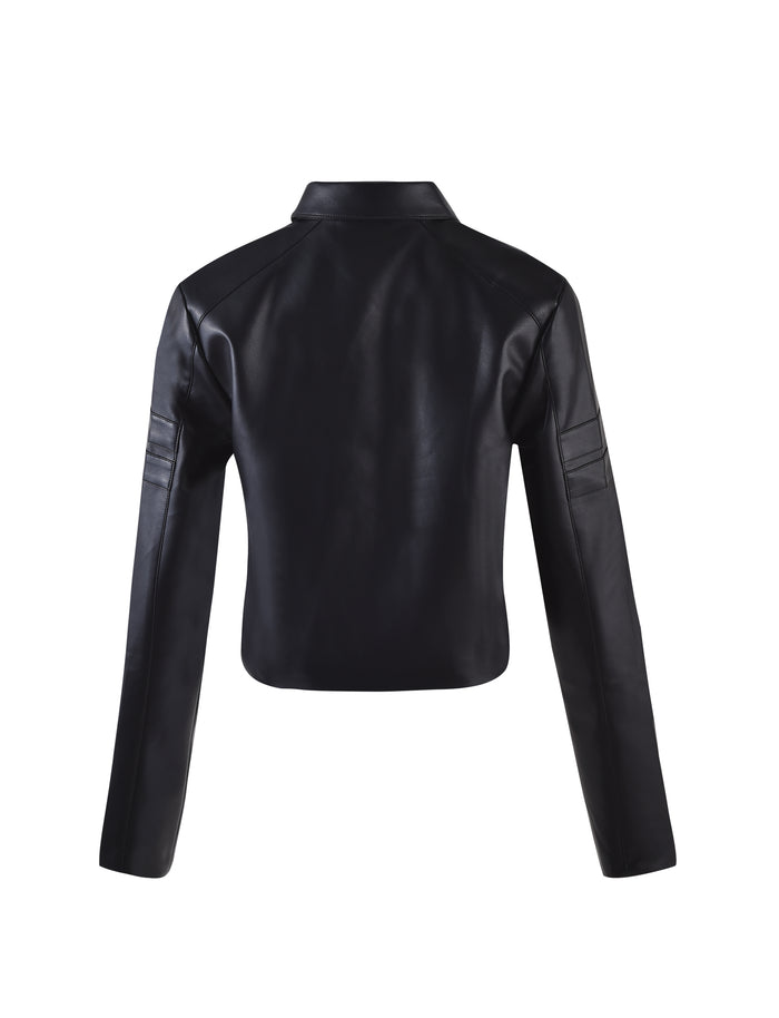 A TIGERMIST RYDER JACKET - BLACK, viewed from the back, featuring a tailored fit. The long sleeves have stitched detailing near the upper arms, and it sports a classic small fold-over collar. The smooth, glossy material enhances its modern look.