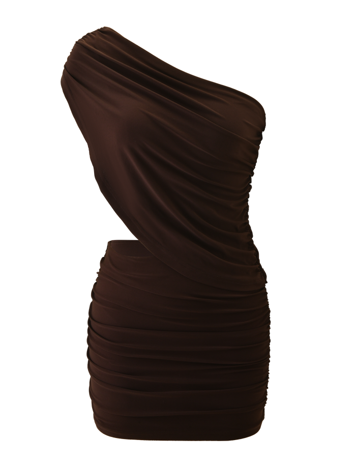 The TIGERMIST RYLAND DRAPED MINI DRESS in chocolate features a one shoulder design, ruched detailing, and a fitted silhouette, shown against a plain white background.