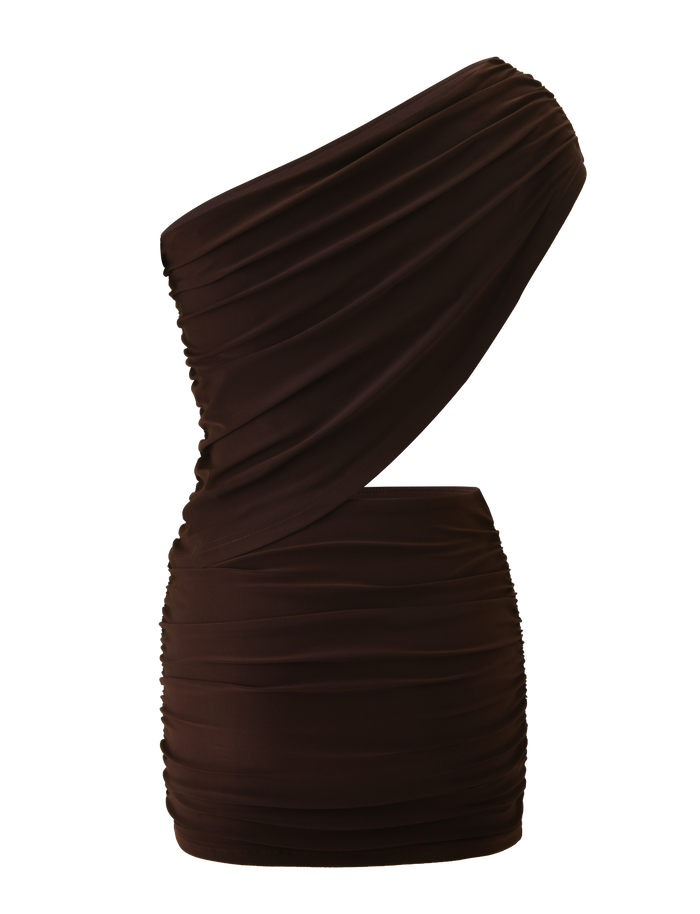 The TIGERMIST RYLAND DRAPED MINI DRESS in chocolate is a one-shoulder mini dress with ruched detailing, asymmetrical draping, and a fitted silhouette, shown against a plain white background.