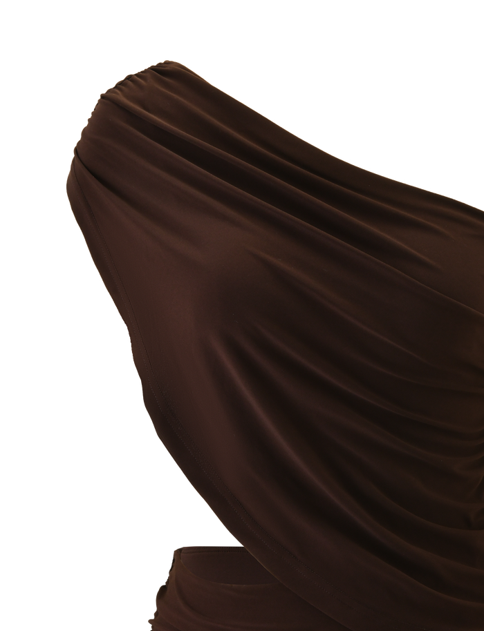The TIGERMIST RYLAND DRAPED MINI DRESS in chocolate features a close-up view on a white background, showcasing its gathered fabric, one-shoulder draped design, and asymmetrical neckline.