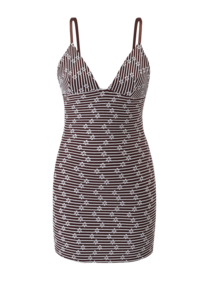 The SAHRA MINI DRESS by TIGERMIST features a sleeveless, body-con fit with thin straps and a deep V-neckline. It displays chocolate brown geometric stripes accented by small diamond motifs throughout.