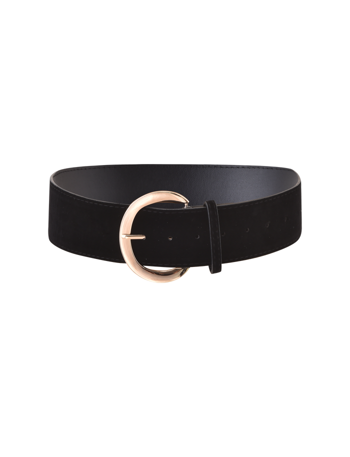 The SANDY BELT - BLACK by TIGERMIST features wide faux sueded velvet and an oversized gold buckle, presented against a plain white background.