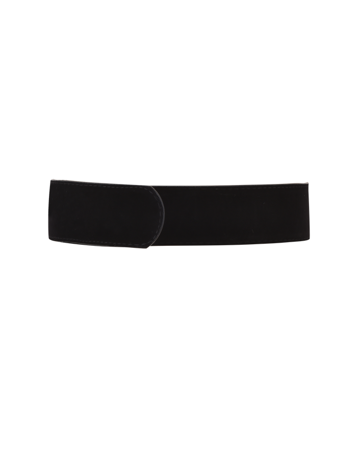 The SANDY BELT - BLACK by TIGERMIST features wide black faux sueded velvet, a rounded overlapping end, and an oversized gold buckle, shown on a plain white background.