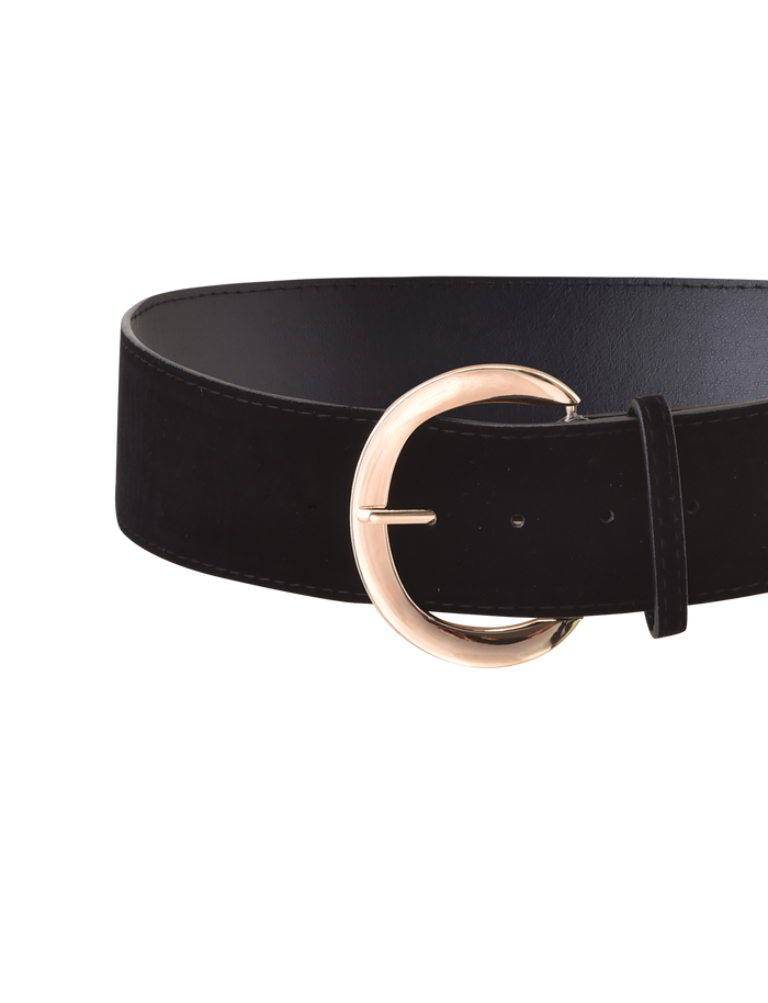 The TIGERMIST SANDY BELT - BLACK features faux sueded velvet with a soft texture and an oversized gold buckle, shown against a plain white background.