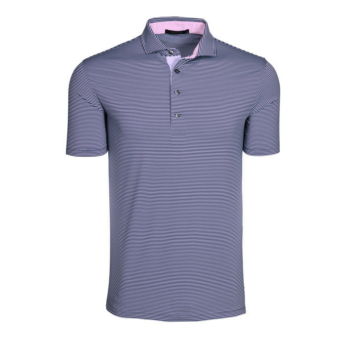 Pink Sky/Falcon Mini-Stripe Saranac Performance Polo, Four-Button Placket - Front View | Greyson Clothiers