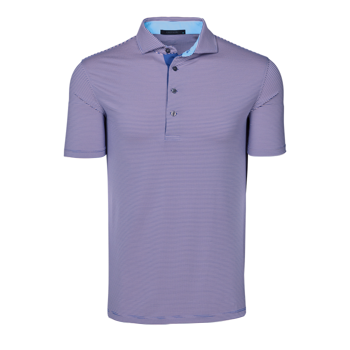 Maltese Blue/Jellyfish Mini-Stripe Saranac Golf Polo, Arctic Contrast Collar - Front View | Greyson Clothiers