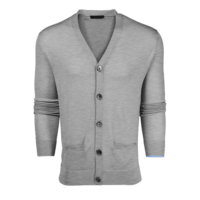 Light Grey Heather Merino Wool Saratoga Cardigan - Front View, V-Neck Button Placket & Patch Pockets | Greyson Clothiers