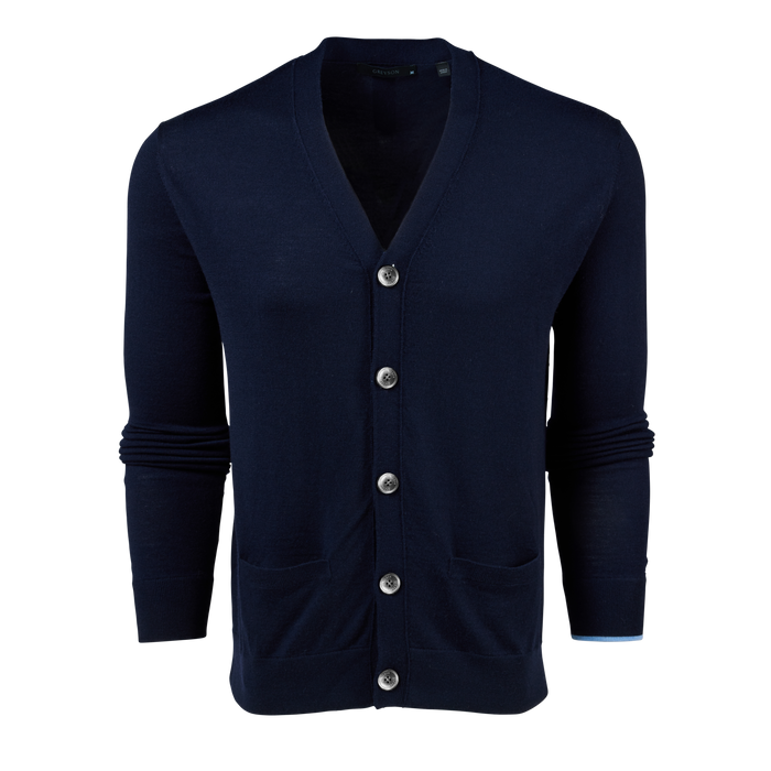 Maltese Blue Merino Wool Saratoga Cardigan - Front View | Greyson Clothiers