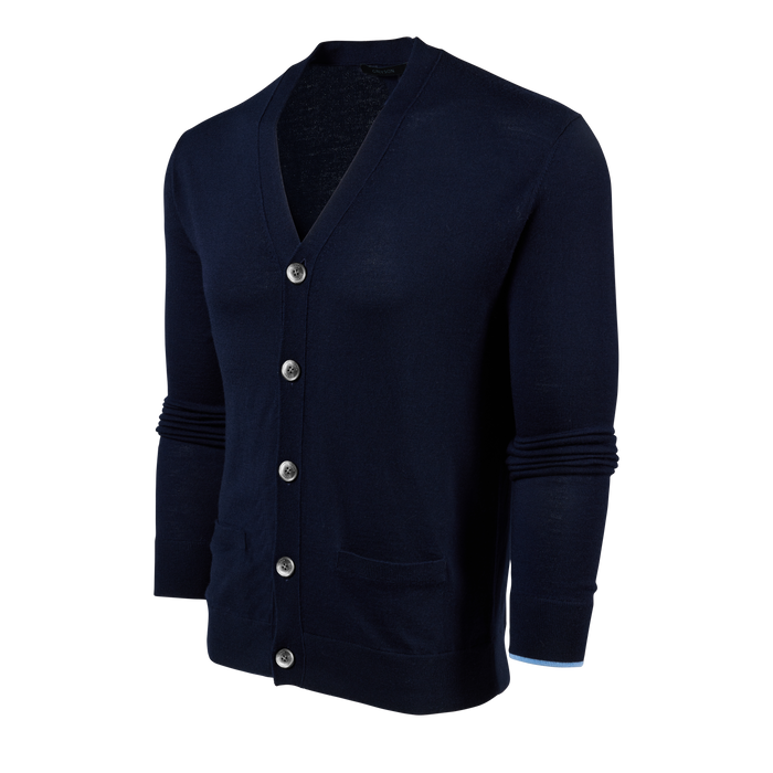 Maltese Blue Merino Wool Saratoga Cardigan - Three-Quarter Angle View | Greyson Clothiers