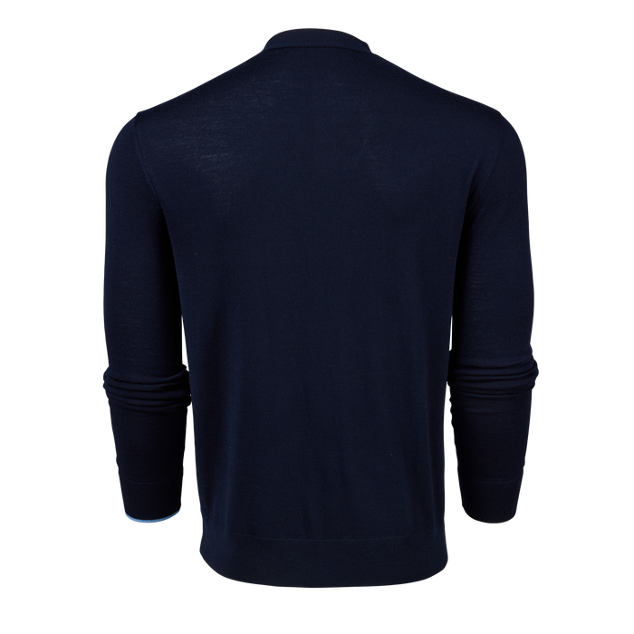 Maltese Blue Merino Saratoga Cardigan - Back View with Ribbed Cuff Detail | Greyson Clothiers