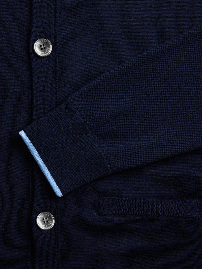 Saratoga Cardigan Maltese Blue - Contrast Cuff Tipping & Greyson Button Close-Up | Greyson Clothiers
