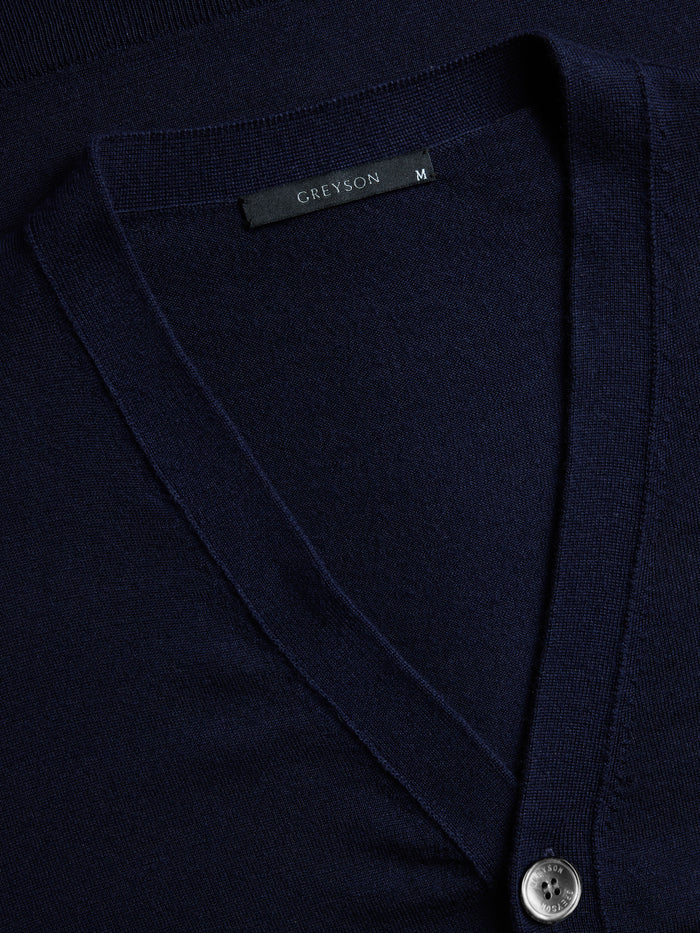 Saratoga Cardigan Maltese Blue - V-Neck Placket & Interior Label Detail | Greyson Clothiers