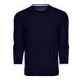 Navy Merino Wool Saratoga Crewneck Sweater with Light Blue Tipping, Contrast Cuffs - Front View | Greyson Clothiers