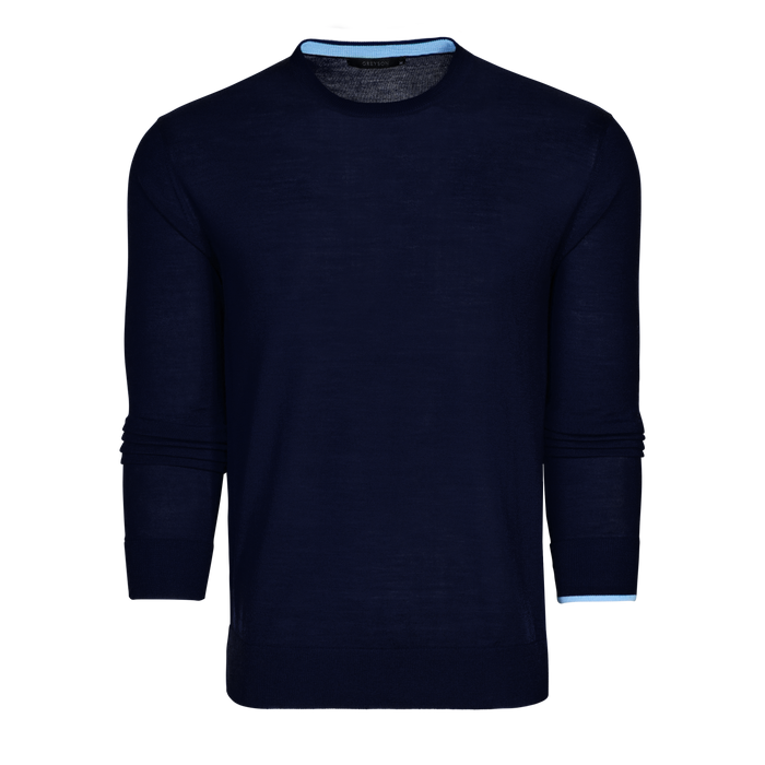 Navy Merino Wool Saratoga Crewneck Sweater with Light Blue Tipping, Contrast Cuffs - Front View | Greyson Clothiers