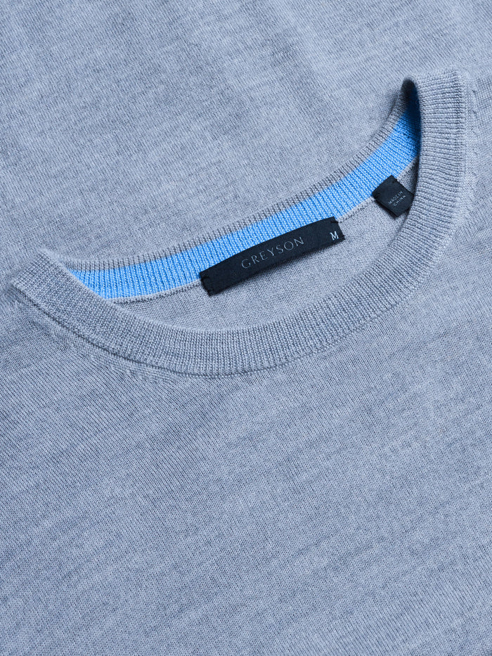 Saratoga Crewneck Sweater Ribbed Collar Detail with Contrast Tipping - Light Grey Heather | Greyson Clothiers