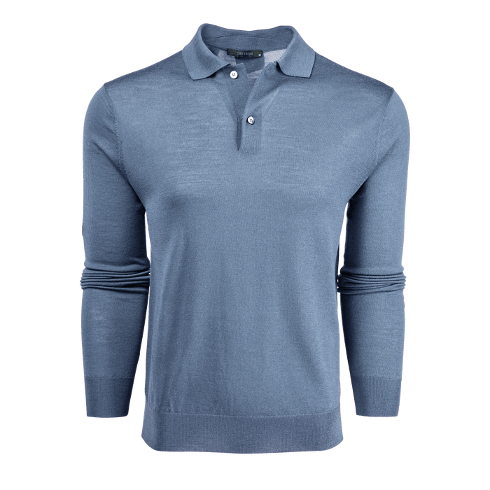 Light Grey Heather Merino Saratoga Long Sleeve Sweater Polo - Front View | Greyson Clothiers
