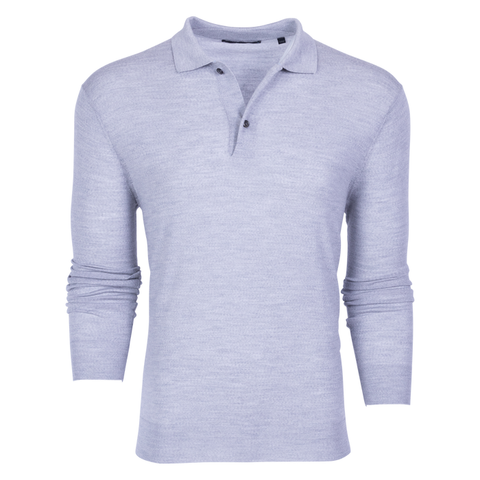 Maltese Blue Merino Saratoga Long Sleeve Sweater Polo - Front View | Greyson Clothiers