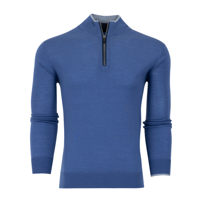 Maltese Blue Merino Wool Saratoga Men's Quarter-Zip Sweater - Front View | Greyson Clothiers