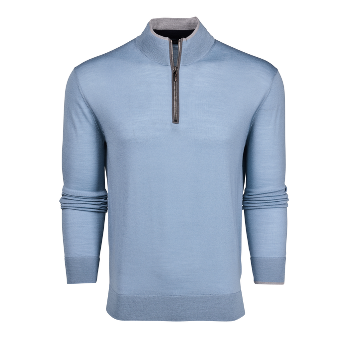 Aegean Light Blue Merino Wool Saratoga Quarter-Zip Sweater - Front View | Greyson Clothiers