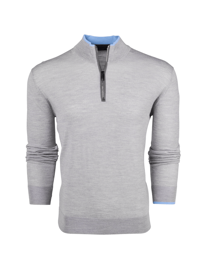 Light Grey Heather Merino Wool Saratoga Quarter-Zip Sweater - Front View | Greyson Clothiers