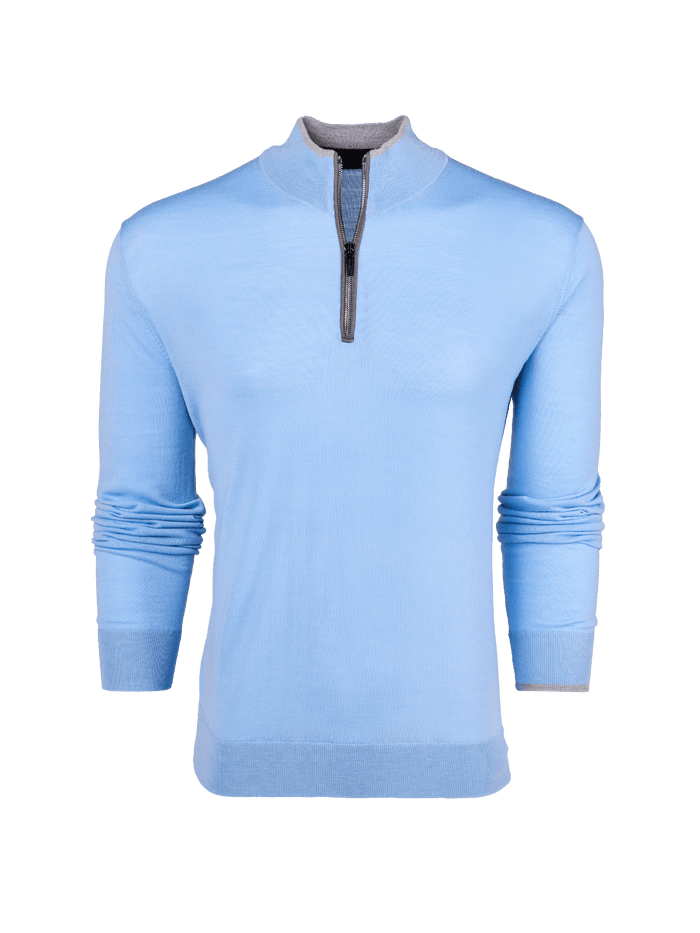 Shepherd Light Blue Merino Wool Saratoga Quarter-Zip Sweater - Front View | Greyson Clothiers