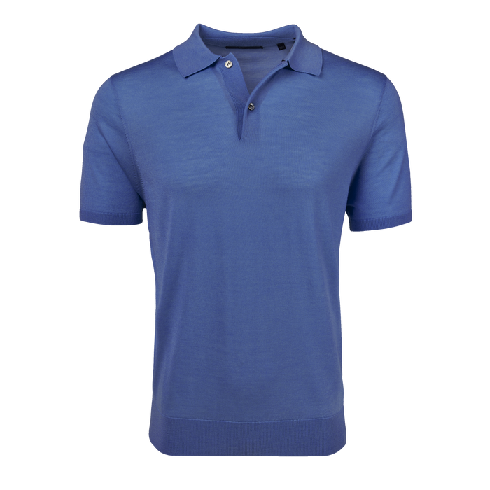 Maltese Blue Merino Wool Saratoga Short Sleeve Sweater Polo - Front View | Greyson Clothiers