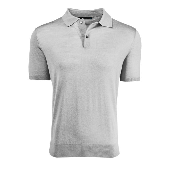 Light Grey Heather Merino Wool Saratoga Short Sleeve Sweater Polo - Front View | Greyson Clothiers