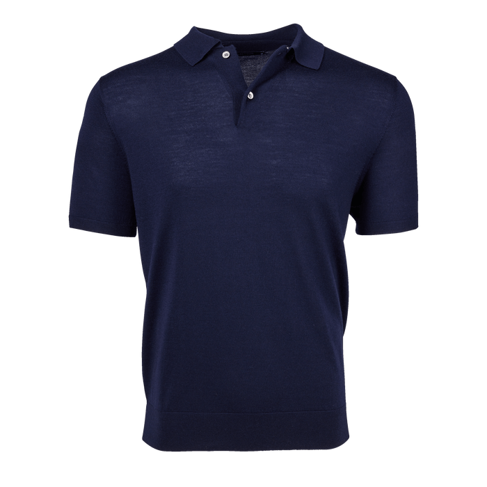 Wolf Blue Merino Wool Saratoga Short Sleeve Sweater Polo - Front View, Ribbed Hem | Greyson Clothiers