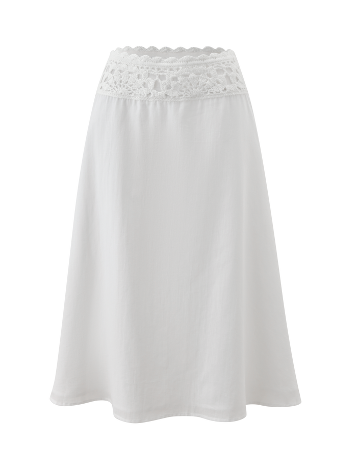 The TIGERMIST SASHA CROCHET MIDI SKIRT in ivory features a scalloped crochet waistband and flowing cotton poplin fabric, shown against a plain white background.