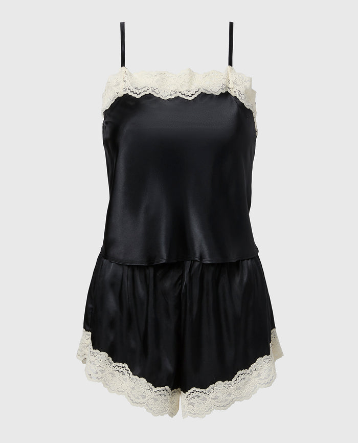 Satin PJ Set with Timeless Lace Trim in Tuxedo Black