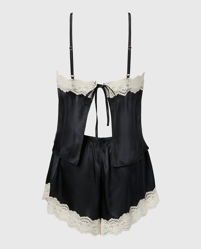 Satin PJ Set with Timeless Lace Trim in Tuxedo Black