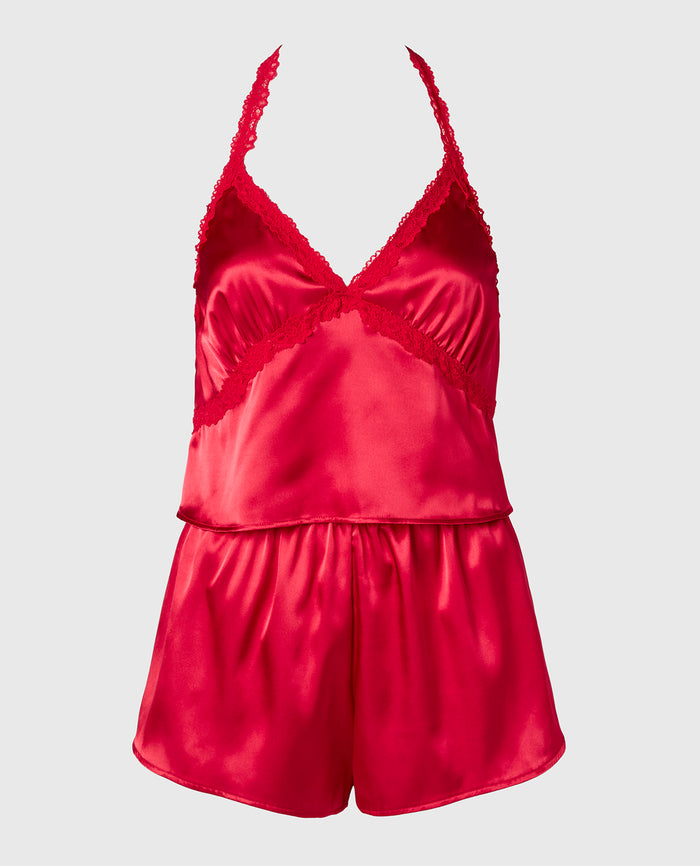 Satin PJ Set With Wicked Lace Trim in Crimson