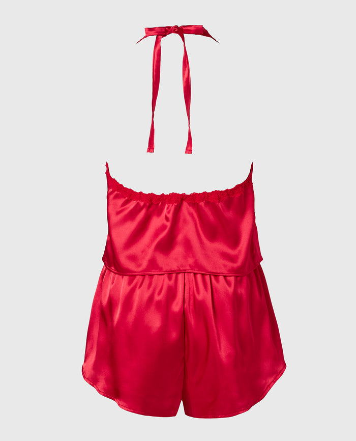 Satin PJ Set With Wicked Lace Trim in Crimson