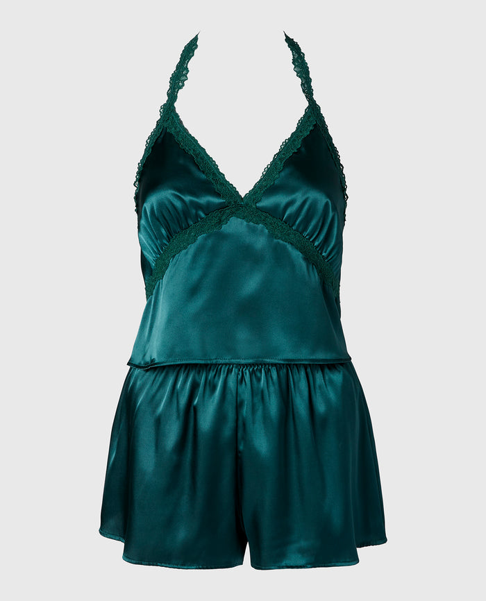 Satin PJ Set With Wicked Lace Trim in Emerald Green