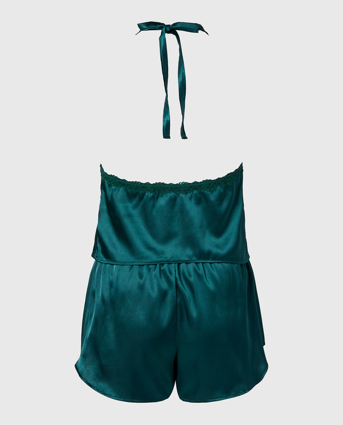 Satin PJ Set With Wicked Lace Trim in Emerald Green