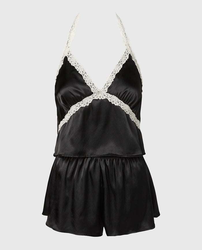 Satin PJ Set With Wicked Lace Trim in Tuxedo Black