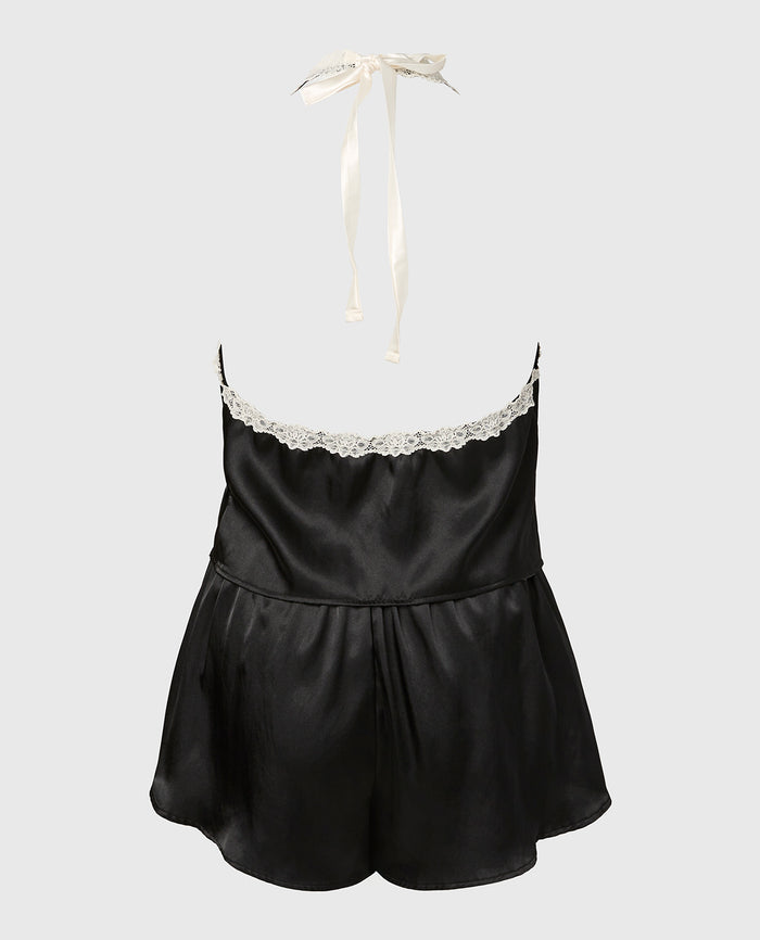Satin PJ Set With Wicked Lace Trim in Tuxedo Black