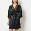 Satin Robe with Lush Lace Trim in Tuxedo Black