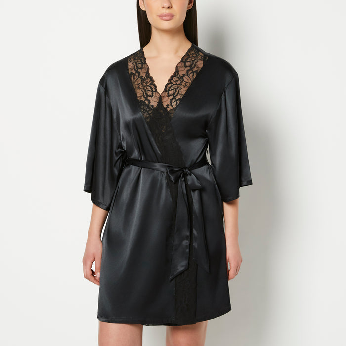 Satin Robe with Lush Lace Trim in Tuxedo Black