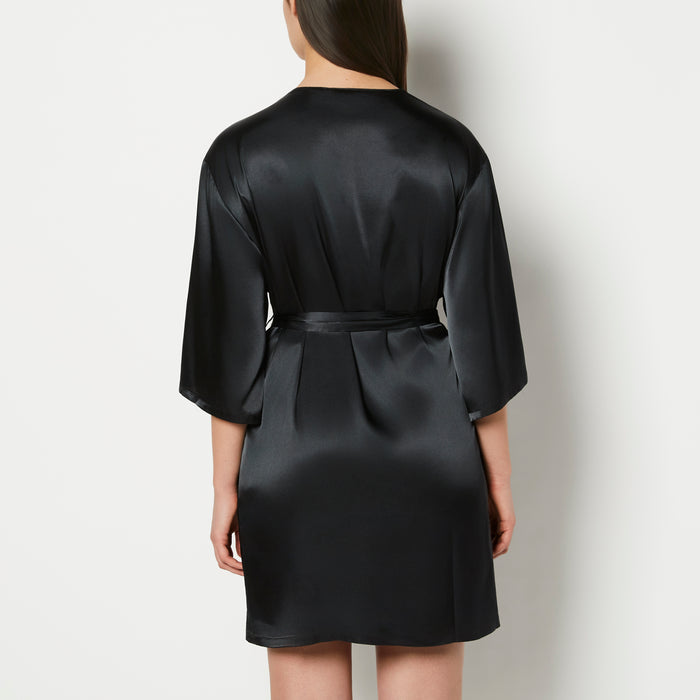 Satin Robe with Lush Lace Trim in Tuxedo Black