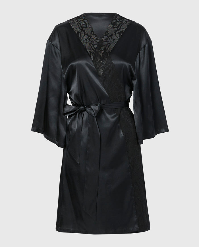 Satin Robe with Lush Lace Trim in Tuxedo Black