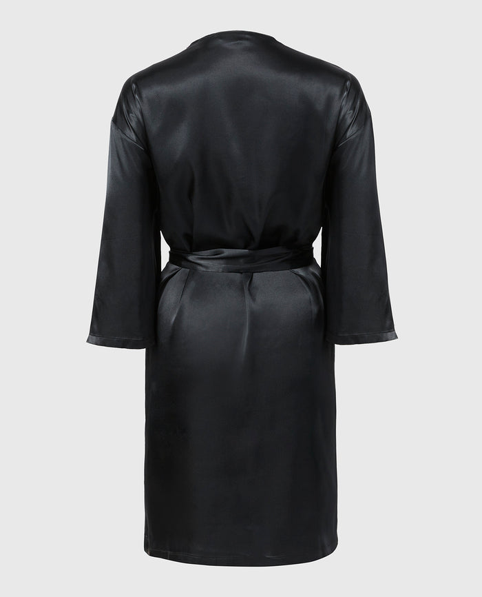 Satin Robe with Lush Lace Trim in Tuxedo Black