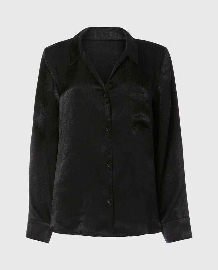 Satin Sleep shirt with button front in Tuxedo Black