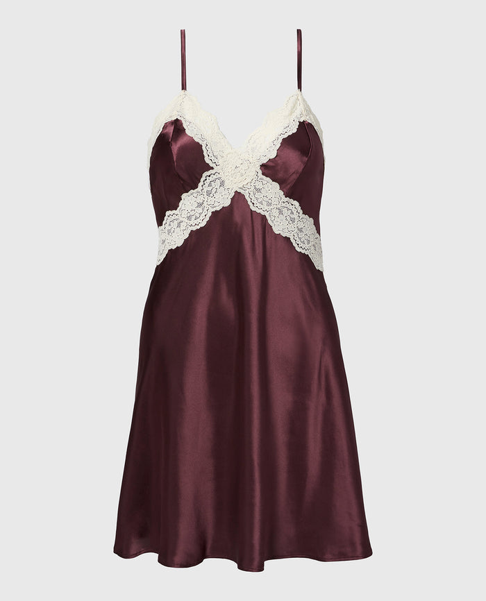 Satin Slip with Timeless Lace Trim in Plum Wine